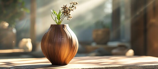 A plant is housed in a wooden vase on a table. The flooring complements the shades of the flowerpot, while a twig adds a touch of nature.