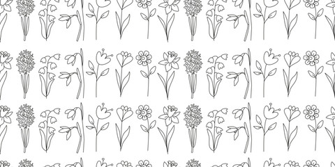 Linear spring floral seamless pattern. Botanical drawing. Woman's day, mother's day, wedding. Line art. Coloring book. Background, digital paper. - obrazy, fototapety, plakaty