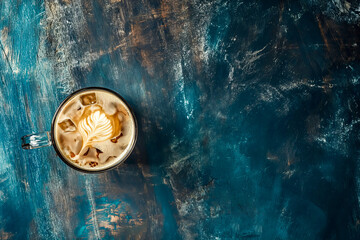 Obraz na płótnie Canvas Top View of Latte Art in Iced Coffee on Abstract Blue Textured Background 