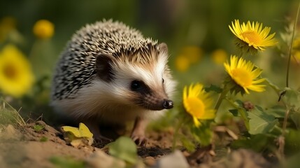 Fototapeta premium AI generated illustration of a small hedgehog surrounded by vibrant yellow flowers in the forest