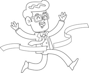 Outlined Happy Businessman Cartoon Character Crossing The Finish Line. Vector Hand Drawn Illustration Isolated On Transparent Background