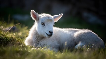 AI generated illustration of a white lamb basking in the sun in a lush green field