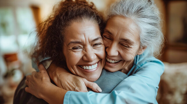 Elderly Mother and Grown Daughter Sharing a Laugh in a Tender Hug
