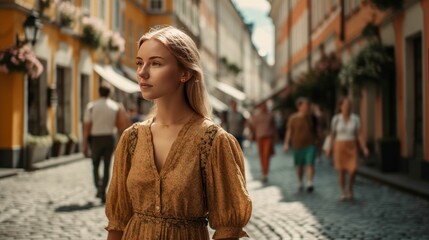 Fototapeta premium AI-generated illustration of a young woman standing in the middle of a street looking away.