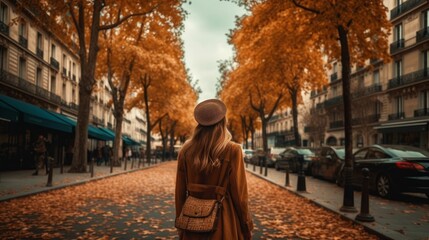 AI-generated illustration of a young woman standing against the background of an autumn alley.