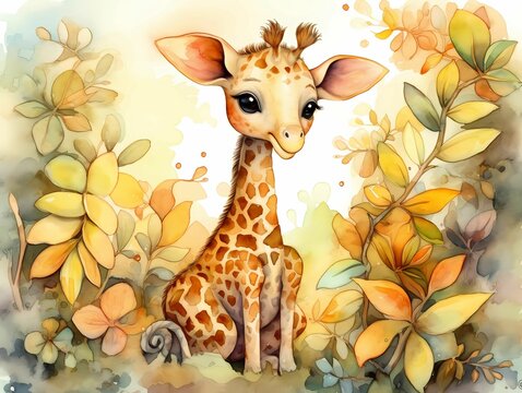 AI generated illustration of a watercolor painting of a giraffe standing in a lush meadow