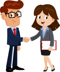Fototapeta premium Business Man And Woman Cartoon Characters Shaking Hands At Meeting. Vector Illustration Flat Design Isolated On Transparent Background
