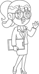 Outlined Business Woman Cartoon Character With Clipboard Waving. Vector Hand Drawn Illustration Isolated On Transparent Background