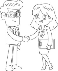 Outlined Business Man And Woman Cartoon Characters Shaking Hands At Meeting. Vector Hand Drawn Illustration Isolated On Transparent Background