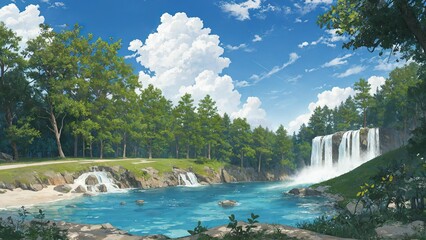 AI generated illustration of of a beautiful waterfall and a lush green background