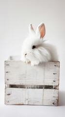 Obraz premium A white fluffy rabbit looks out of a wooden white box. Copy space. Greeting card concept. Generative AI