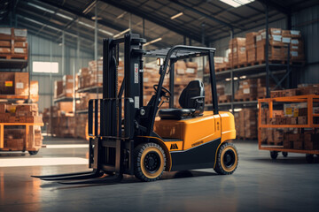 Forklift loader. Pallet stacker truck equipment at warehouse.