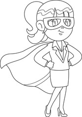 Outlined Business Woman Cartoon Character SuperHero. Vector Hand Drawn Illustration Isolated On Transparent Background