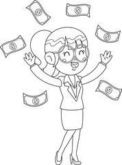 Outlined Happy Business Woman Cartoon Character Tossing Money Up In The Air. Vector Hand Drawn Illustration Isolated On Transparent Background