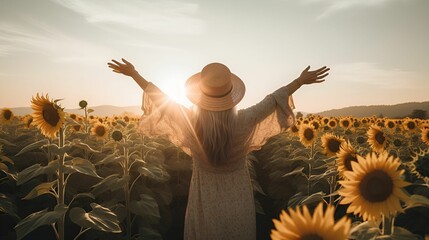 AI generated illustration of A young female with her arms spread wide in a sunflower field