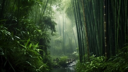 AI generated illustration of a river flowing through a lush green forest