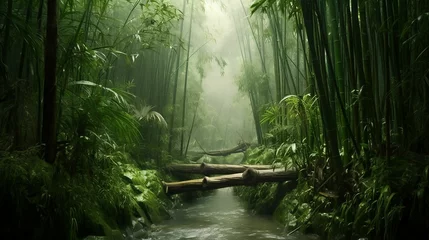 Fotobehang AI generated illustration of a river flowing through a lush green forest © Wirestock