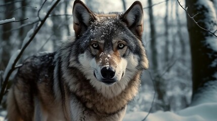 Naklejka na ściany i meble AI generated illustration of a majestic gray wolf gazing directly into the camera in winter