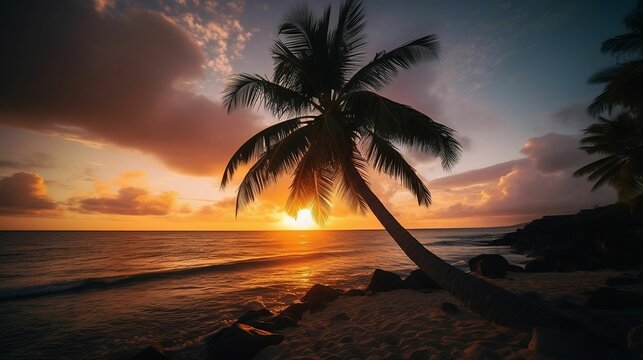 AI generated illustration of a tranquil scene of a beach at sunset featuring a palm tree