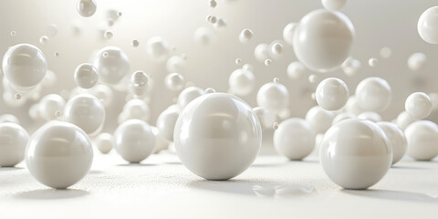 Abstract geometric background with glossy white spheres, neutral presentation backdrop. 3D Render illustration of White Spheres. 
