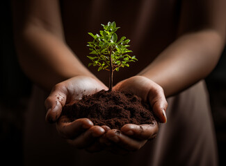 Female hands holding a small green tree