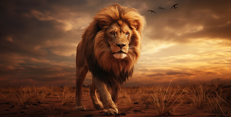 lion in the wild, lion in the sunset, Lion in savannah sharper than reality - obrazy, fototapety, plakaty