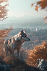 AI generated illustration of a majestic gray wolf standing in the woods