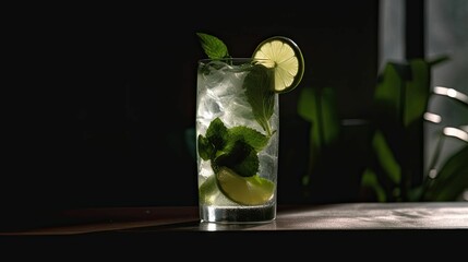 AI generated illustration of A refreshing glass of mojito with a slice of lime and sprigs of mint,