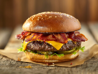 Cheese burger. American cheese burger with bacon, onion, tomato and lettuce