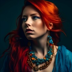 AI generated illustration of a confident young woman with red hair and unique jewelry