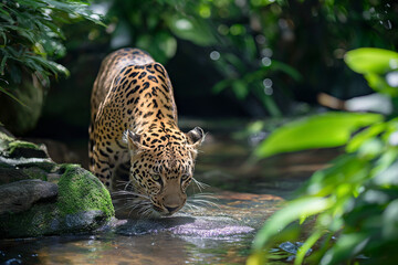 leopard drinking water from a river in the jungle on a sunny day