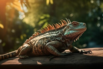 Obraz premium AI generated illustration of a green iguana sitting atop a wooden surface surrounded by lush foliage