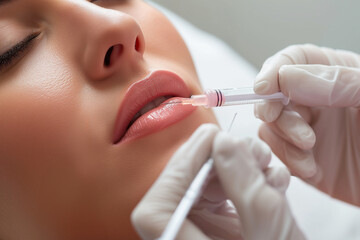 Beautiful young woman receiving hyaluronic acid cosmetic injection on her lips in a beauty salon