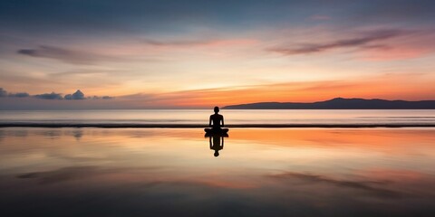 AI generated illustration of a silhouette of a person meditating at sunset near a body of water
