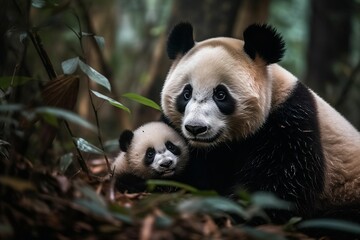Fototapeta premium AI-generated illustration of an affectionate mother giant panda embracing its baby in a forest