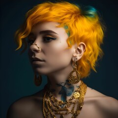 AI generated illustration of a confident young woman with yellow hair and unique jewelry