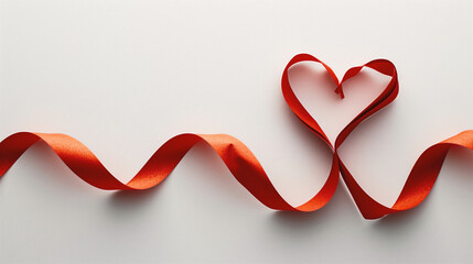 Red satin ribbon in the shape of a heart on white background