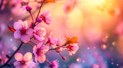 Beautiful blooming branch of cherry tree on blurred background with bokeh effect