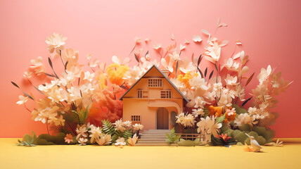 House model in paper cut flowers