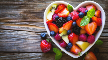 Heart shaped bowl of fresh fruit salad