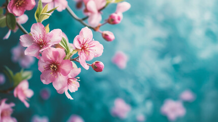 Beautiful blooming branch of cherry tree on blurred background with bokeh effect