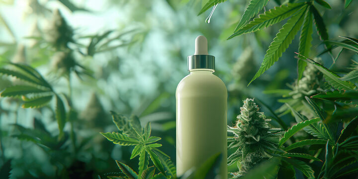 Cannabis-Infused Skincare Oil. Dropper bottle with body milk and cannabis leaves and buds, CBD-infused beauty products package concept.