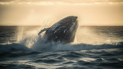 Fototapeta premium AI generated illustration of a majestic humpback whale swimming in the ocean at sunset