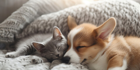 Corgi Puppy and Gray Kitten fritnds together Closeup. Cute dog and a baby cat cuddling on a white minimal room interior.