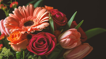 Bouquet of colorful flowers on a black background, vintage tone