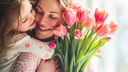 Fototapeta premium Mother and daughter with tulips bouquet. Mother's day concept.