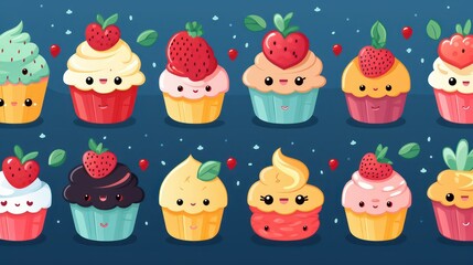 set of cup cakes cartoon on blue background