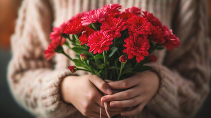 Fototapeta na wymiar Bouquet of red chrysanthemums in the hands of a girl