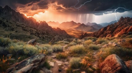 AI-generated illustration of a beautiful grassy valley at sunset with mountains and lightning. - obrazy, fototapety, plakaty