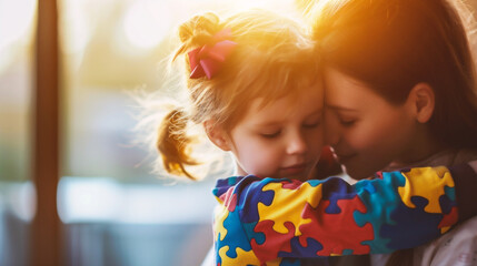 Mother and little girl hugging each other on sunny day. - obrazy, fototapety, plakaty